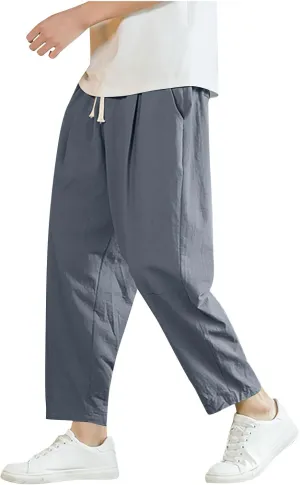 Xiaojmake Mens Harem 3/4 Length Capri Pants Solid Baggy Cotton Linen Drawstring Waisted Cropped Lounge Trousers with Pockets