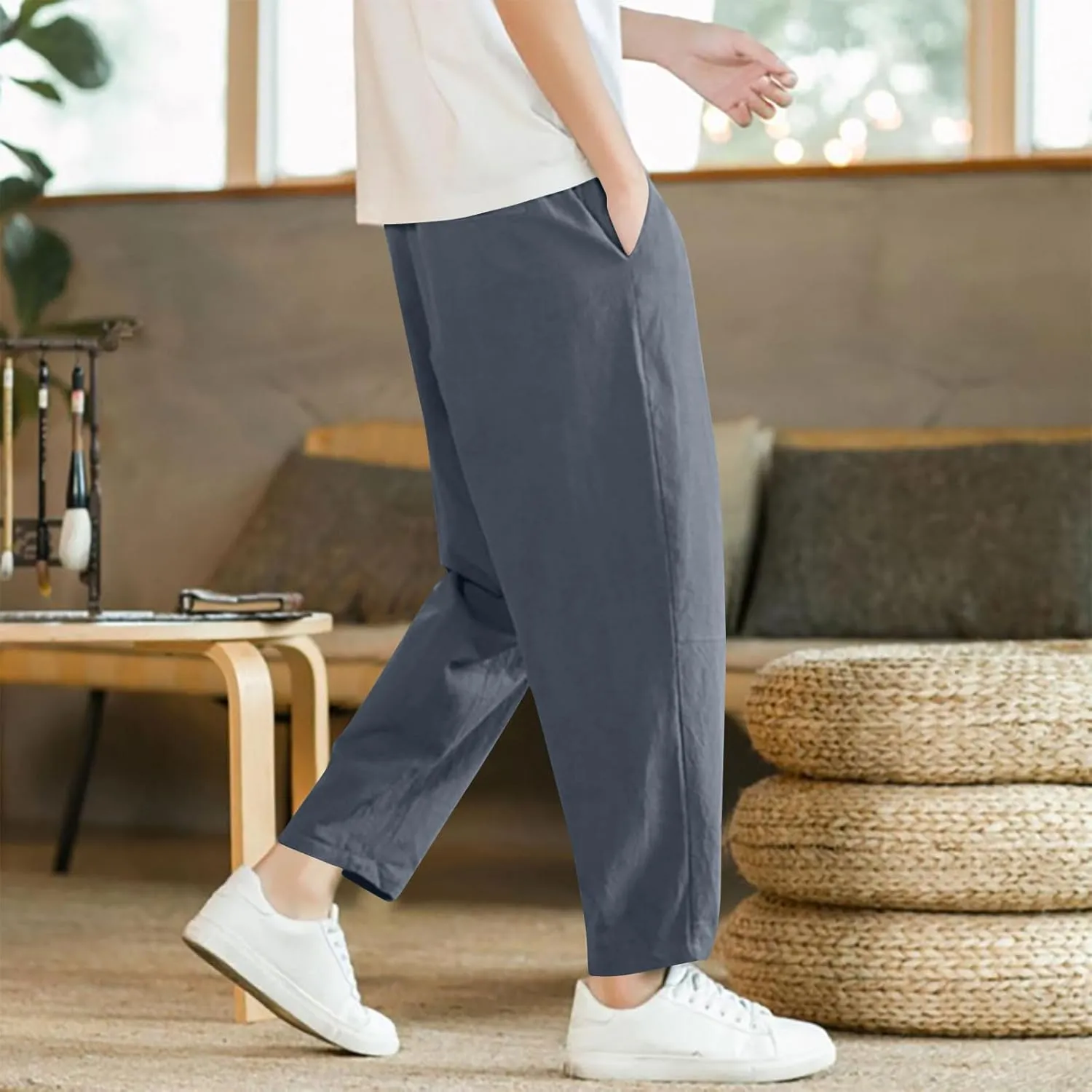 Xiaojmake Mens Harem 3/4 Length Capri Pants Solid Baggy Cotton Linen Drawstring Waisted Cropped Lounge Trousers with Pockets