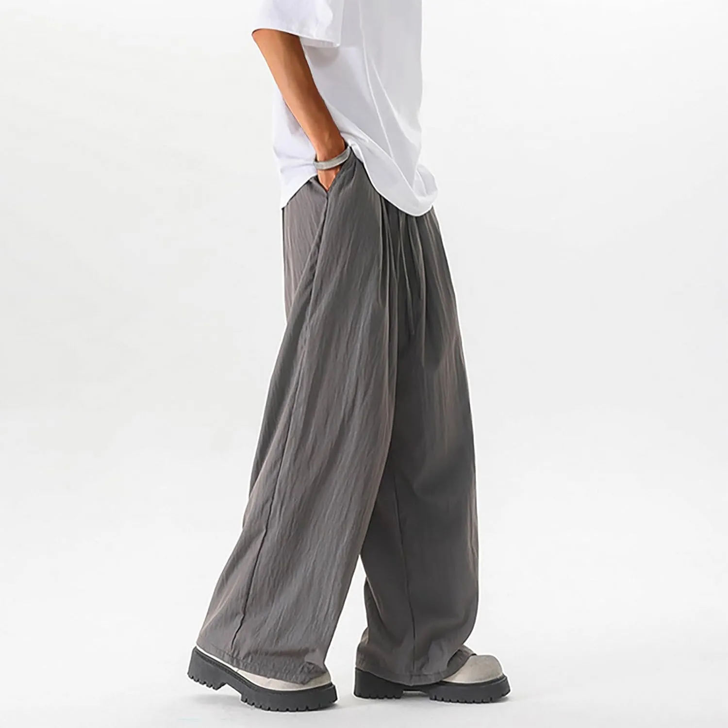 Xiaojmake Mens Linen Harem Pants Elastic Waist Wide Leg Pleated Thai Trousers Drawstrings Lightweight Summer Beach Pant
