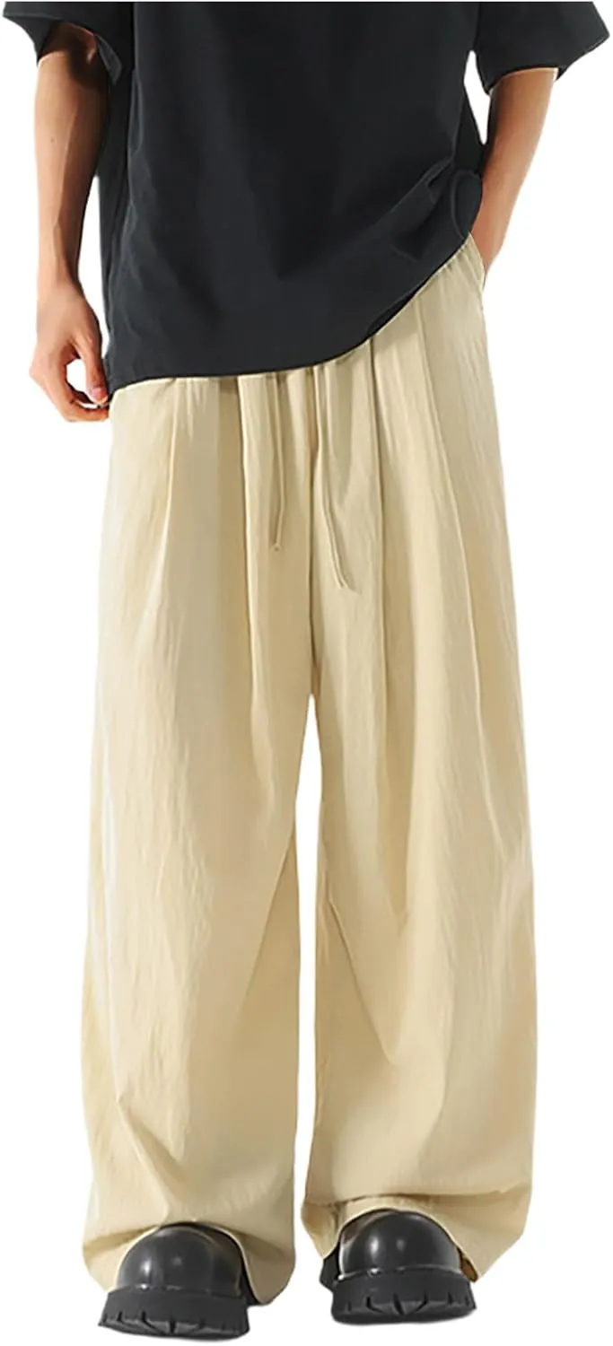 Xiaojmake Mens Linen Harem Pants Elastic Waist Wide Leg Pleated Thai Trousers Drawstrings Lightweight Summer Beach Pant