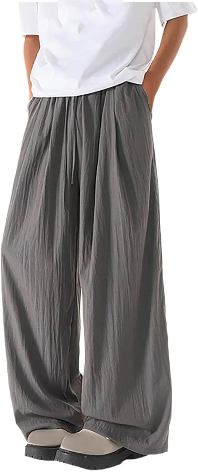 Xiaojmake Mens Linen Harem Pants Elastic Waist Wide Leg Pleated Thai Trousers Drawstrings Lightweight Summer Beach Pant