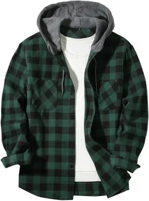 Xiaojmake Men's Sherpa Lined Coat Plaid Flannel Jacket Button Down Drawstring Hooded Shirt Jacket Winter Warm Shaggy Shacket
