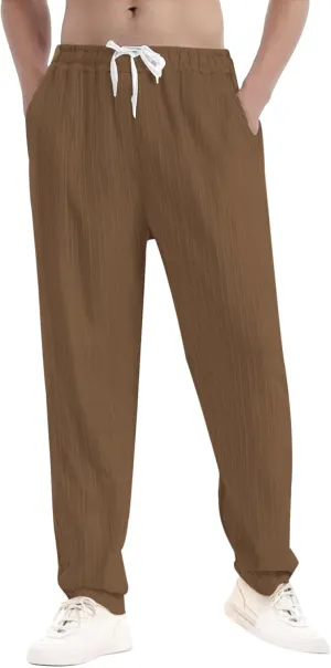 Xiaojmake Summer Linen Casual Long Pants for Men Elastic Waist Straight Leg Joggers Beach Boho Pants Vacation Lounge Trousers