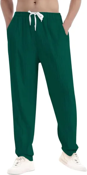 Xiaojmake Summer Linen Casual Long Pants for Men Elastic Waist Straight Leg Joggers Beach Boho Pants Vacation Lounge Trousers