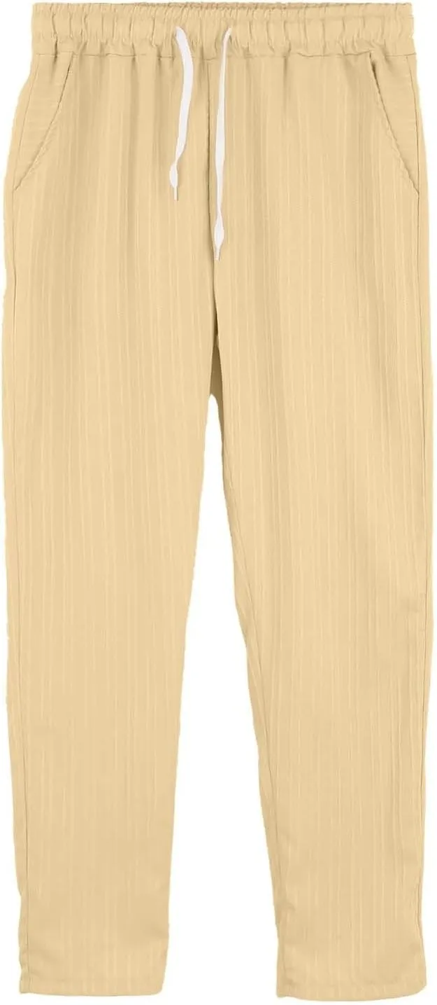 Xiaojmake Summer Linen Casual Long Pants for Men Elastic Waist Straight Leg Joggers Beach Boho Pants Vacation Lounge Trousers
