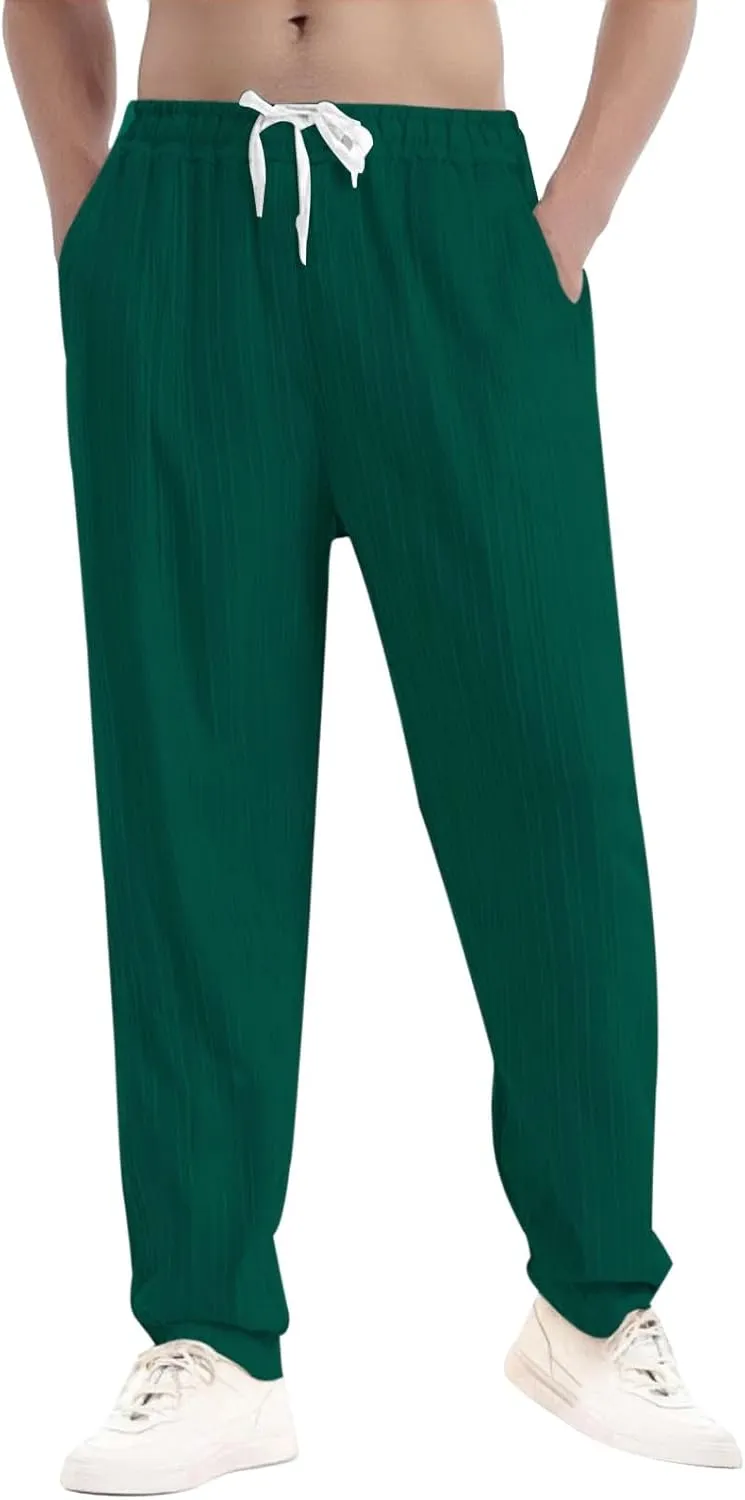 Xiaojmake Summer Linen Casual Long Pants for Men Elastic Waist Straight Leg Joggers Beach Boho Pants Vacation Lounge Trousers