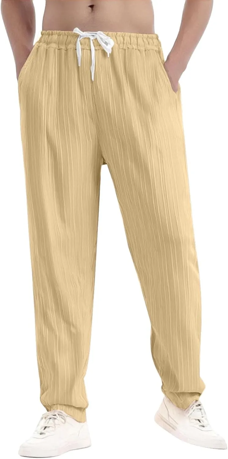 Xiaojmake Summer Linen Casual Long Pants for Men Elastic Waist Straight Leg Joggers Beach Boho Pants Vacation Lounge Trousers
