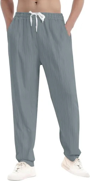 Xiaojmake Summer Linen Casual Long Pants for Men Elastic Waist Straight Leg Joggers Beach Boho Pants Vacation Lounge Trousers