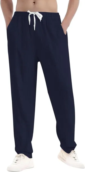 Xiaojmake Summer Linen Casual Long Pants for Men Elastic Waist Straight Leg Joggers Beach Boho Pants Vacation Lounge Trousers