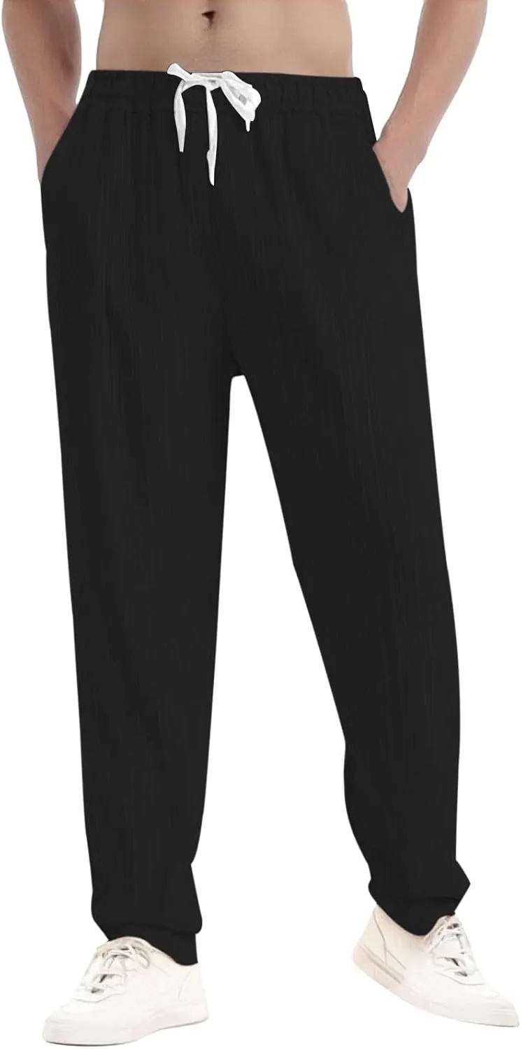 Xiaojmake Summer Linen Casual Long Pants for Men Elastic Waist Straight Leg Joggers Beach Boho Pants Vacation Lounge Trousers
