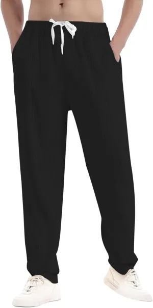 Xiaojmake Summer Linen Casual Long Pants for Men Elastic Waist Straight Leg Joggers Beach Boho Pants Vacation Lounge Trousers