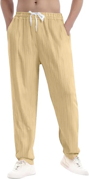 Xiaojmake Summer Linen Casual Long Pants for Men Elastic Waist Straight Leg Joggers Beach Boho Pants Vacation Lounge Trousers