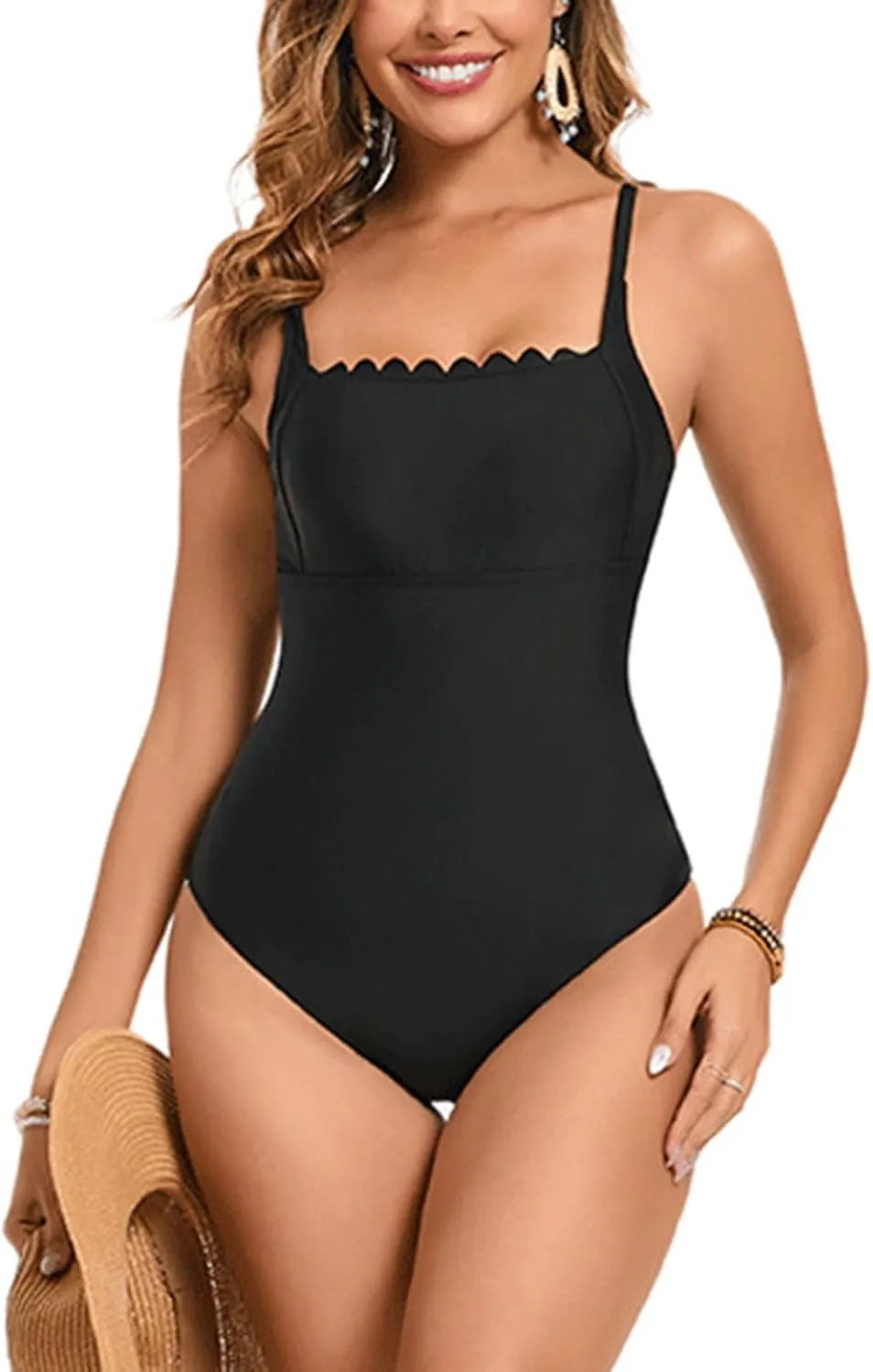 Xiaojmake Women's One Piece Swimsuits Tummy Control Retro Bathing Suit Scalloped Square Neck Backless Ruched Push Up Swimwear