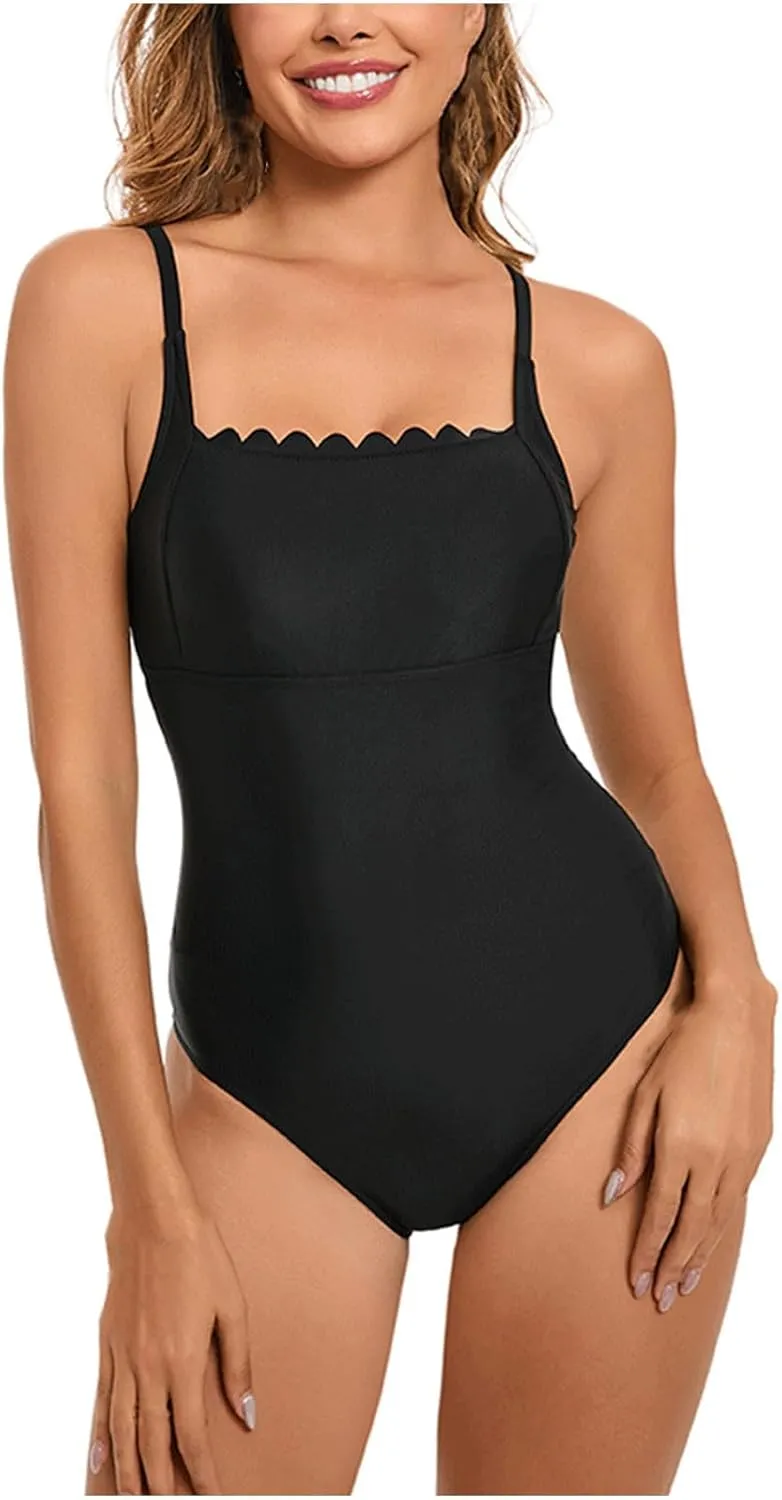 Xiaojmake Women's One Piece Swimsuits Tummy Control Retro Bathing Suit Scalloped Square Neck Backless Ruched Push Up Swimwear