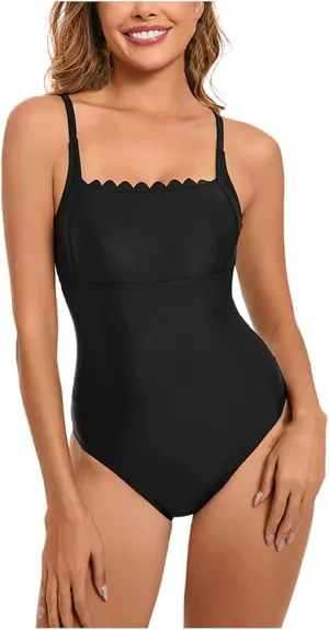 Xiaojmake Women's One Piece Swimsuits Tummy Control Retro Bathing Suit Scalloped Square Neck Backless Ruched Push Up Swimwear