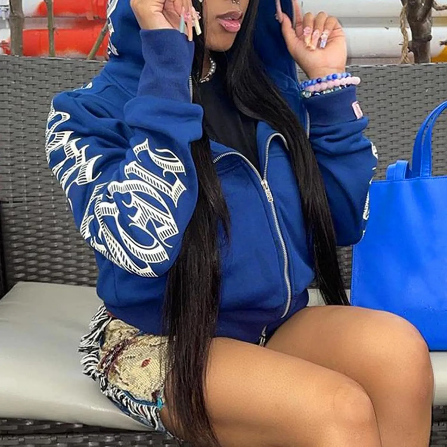 Y2K Hoodies for Women Full Zip Up Print Graphic Oversized Pockets Hooded Jacket 90s Long Sleeve Sweatshirt Loose Drop