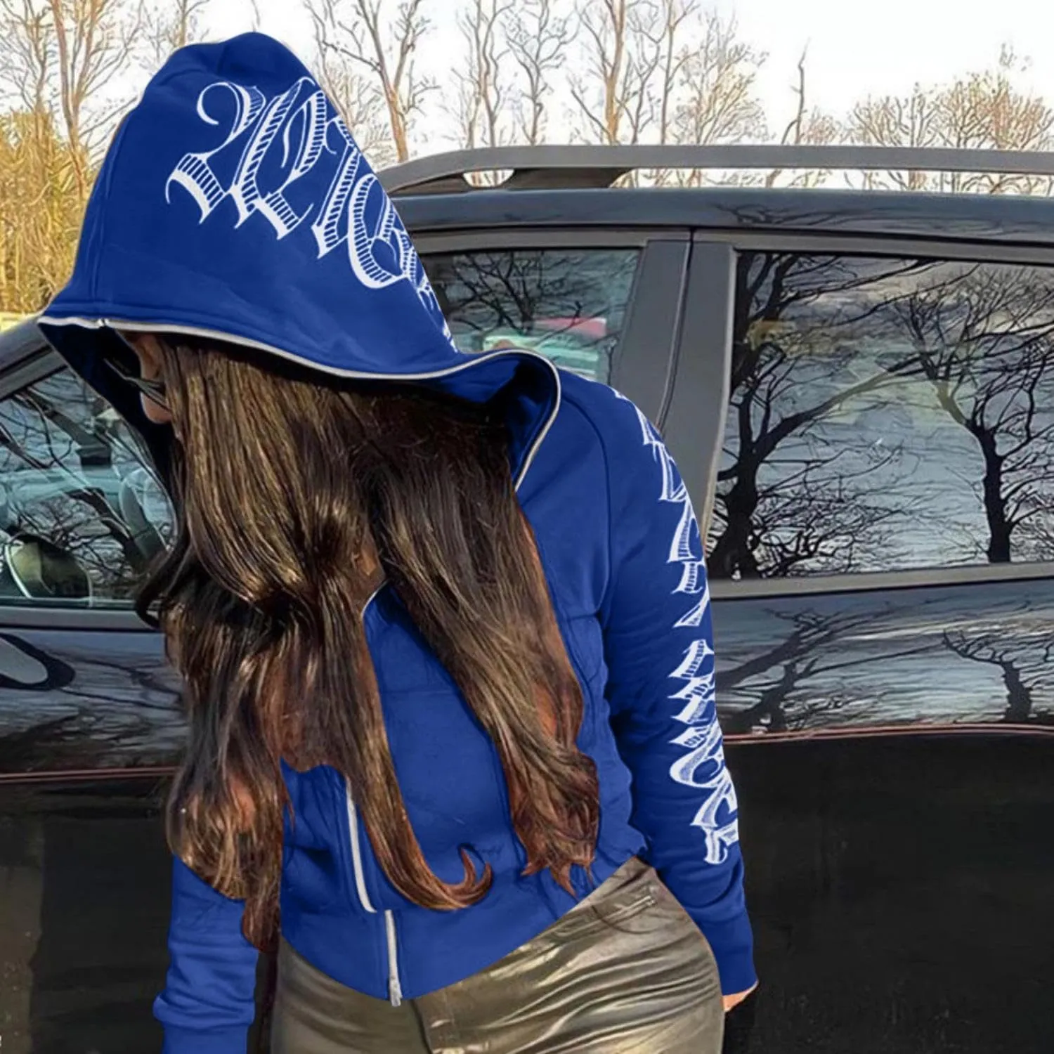 Y2K Hoodies for Women Full Zip Up Print Graphic Oversized Pockets Hooded Jacket 90s Long Sleeve Sweatshirt Loose Drop