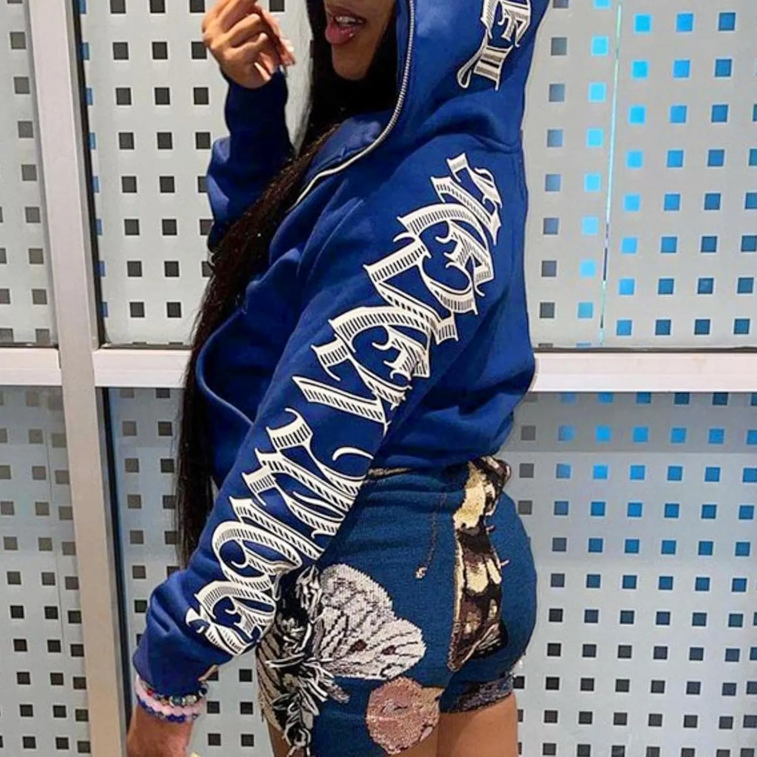 Y2K Hoodies for Women Full Zip Up Print Graphic Oversized Pockets Hooded Jacket 90s Long Sleeve Sweatshirt Loose Drop