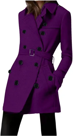 yardsong Womens Double Breasted Trench Coats Belted Slim Fit Pea Coats Winter Fashion Wool Blend Lapel Jackets with Pockets