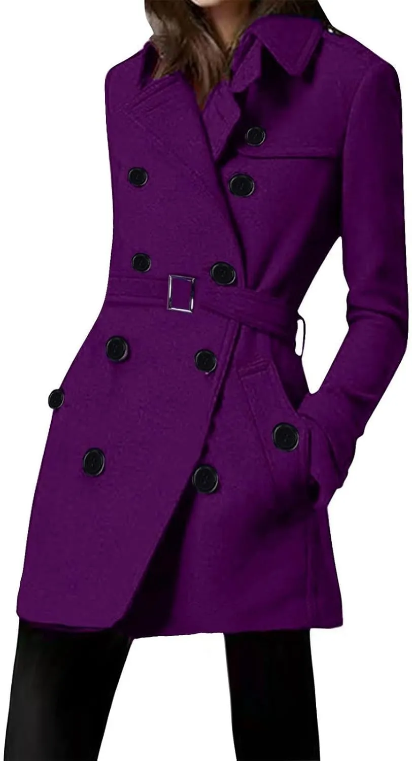 yardsong Womens Double Breasted Trench Coats Belted Slim Fit Pea Coats Winter Fashion Wool Blend Lapel Jackets with Pockets