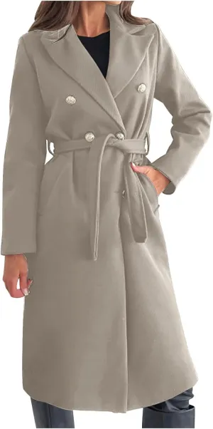 yardsong Womens Wool Blend Pea Coat Double Breasted Slim Fit Belted Trench Coats Winter Fashion Business Long Jackets