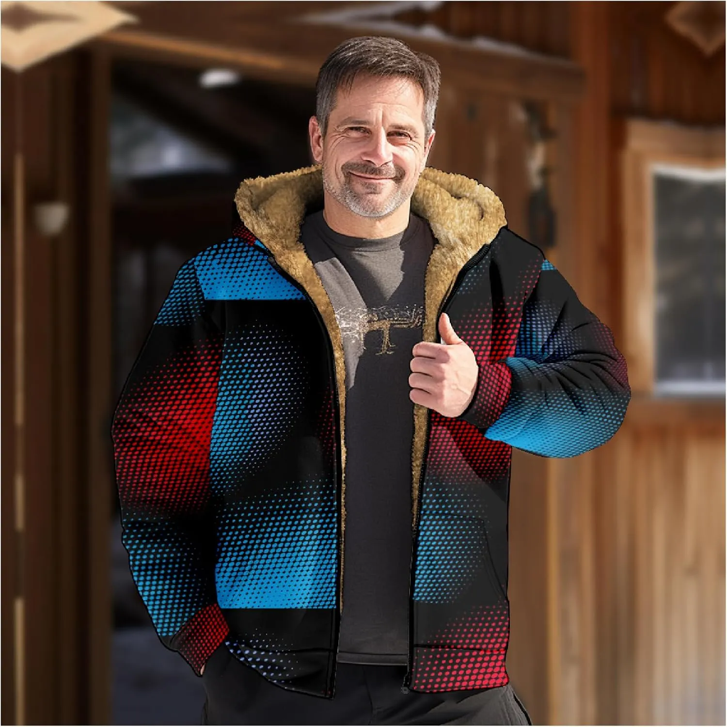 Ymosrh Men's Fleece Jacket with Hood Winter Graphic Warm Thicken Sherpa Lined Full Zip Jackets Coats, S-4XL
