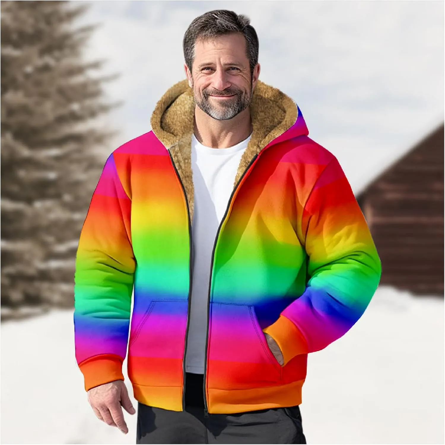 Ymosrh Men's Fleece Jacket with Hood Winter Graphic Warm Thicken Sherpa Lined Full Zip Jackets Coats, S-4XL