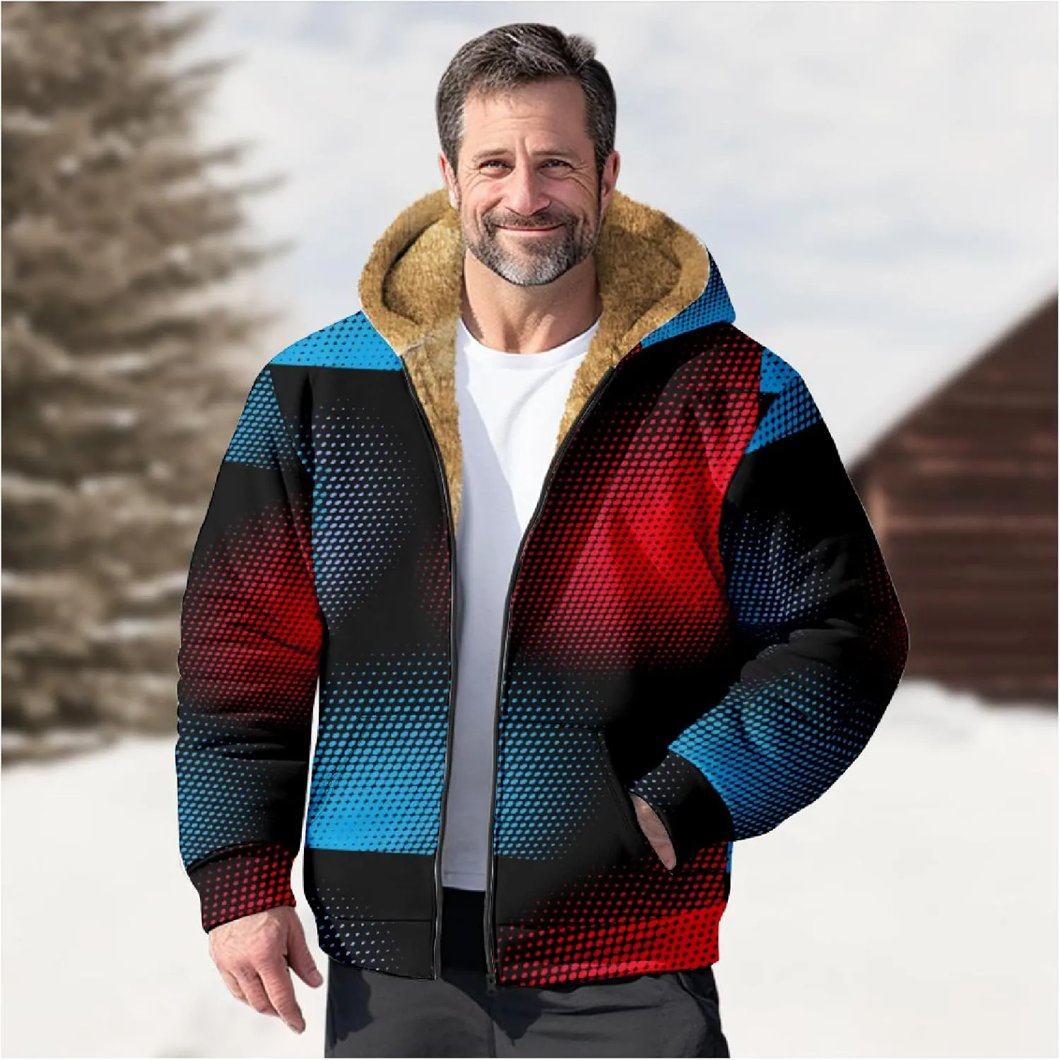 Ymosrh Men's Fleece Jacket with Hood Winter Graphic Warm Thicken Sherpa Lined Full Zip Jackets Coats, S-4XL