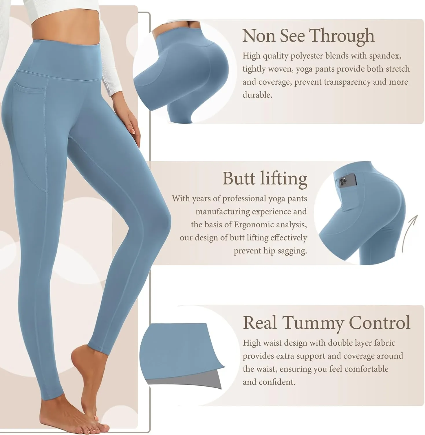 Yoga Pants Women Tummy Control Leggings for Women Active Gym Pants High Waisted Workout Leggings with Pockets