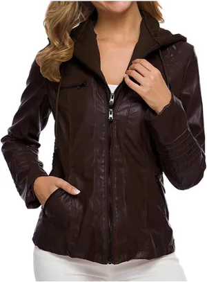YZHM Hooded Jackets for Women Zip Up Faux Leather Jacket with Pockets Motorcycle Jackets Fall Coats Chaquate de Cuero Mujer