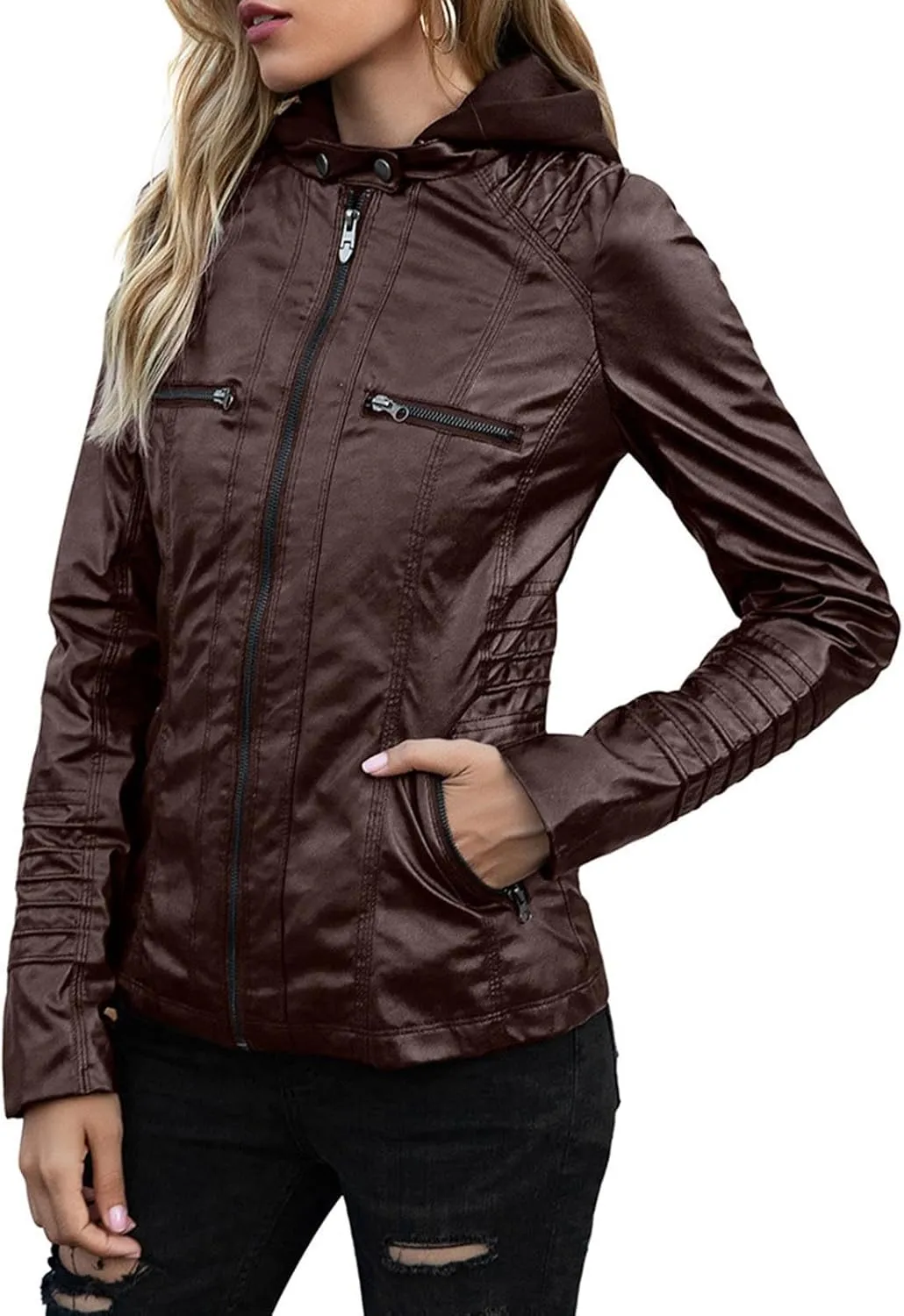 YZHM Hooded Jackets for Women Zip Up Faux Leather Jacket with Pockets Motorcycle Jackets Fall Coats Chaquate de Cuero Mujer