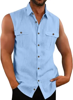 ZWRXW Linen Sleeveless Shirts for Men Lapel Collar Button Down Muscle Tank Tops with Pockets Summer Comfy Solid Tee