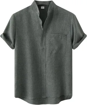 ZWRXW Men's Linen Shirts Short Sleeve Summer Casual Button Down Stand Collar Beach Lightweight Tops Tee